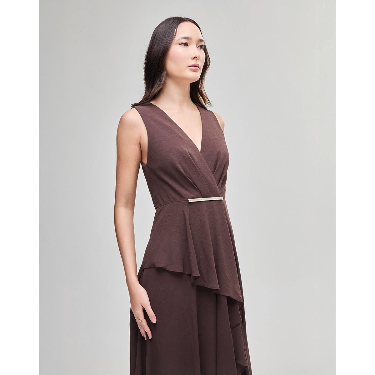 Vestido Midi Chifon Fluid Marrom Nobuck
