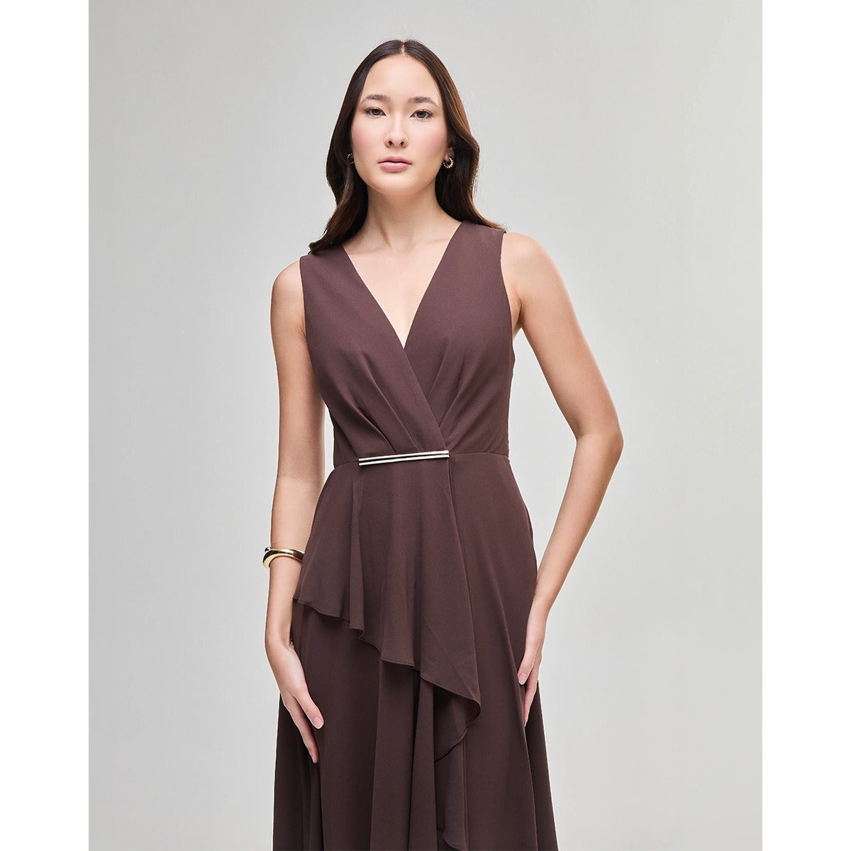 Vestido Midi Chifon Fluid Marrom Nobuck
