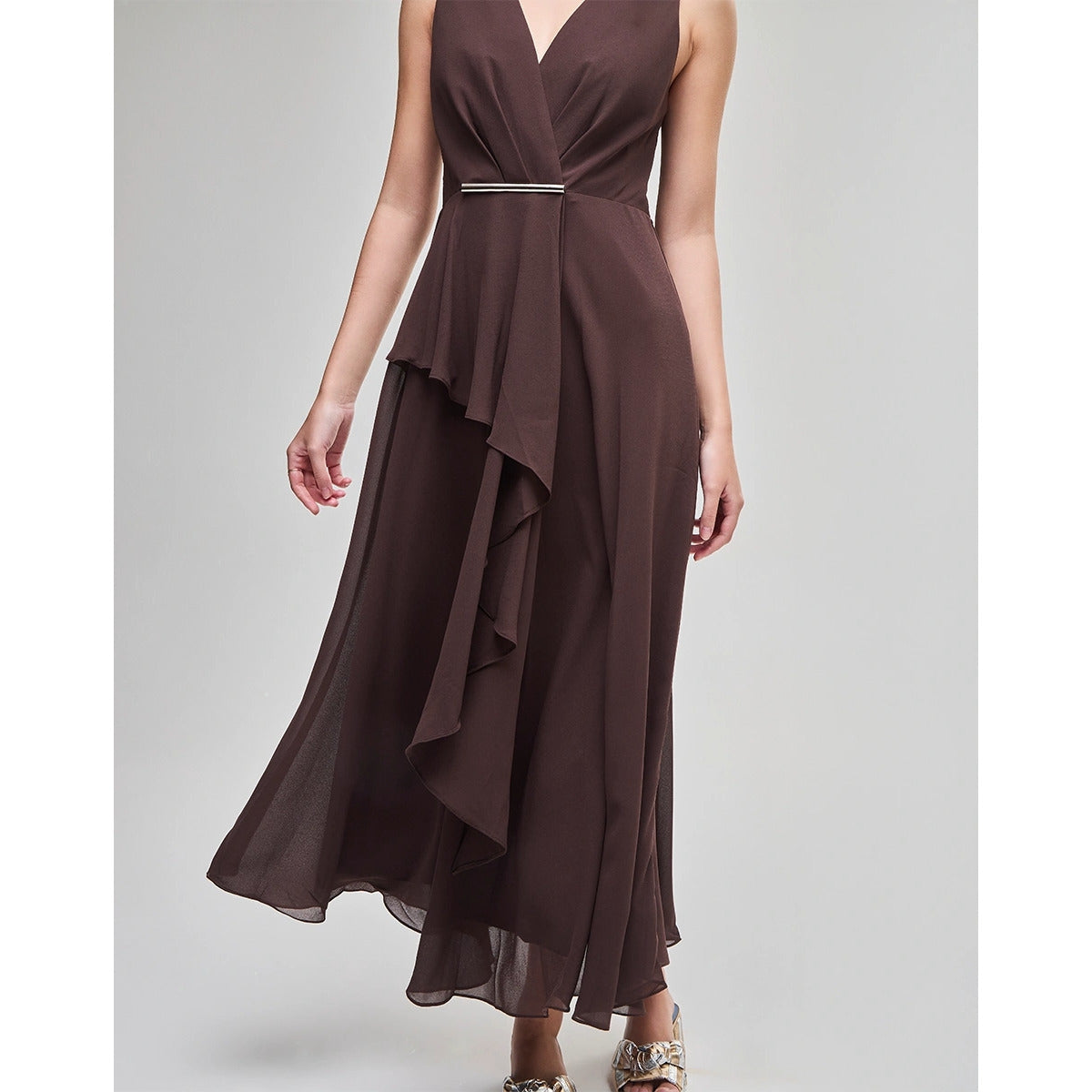 Vestido Midi Chifon Fluid Marrom Nobuck