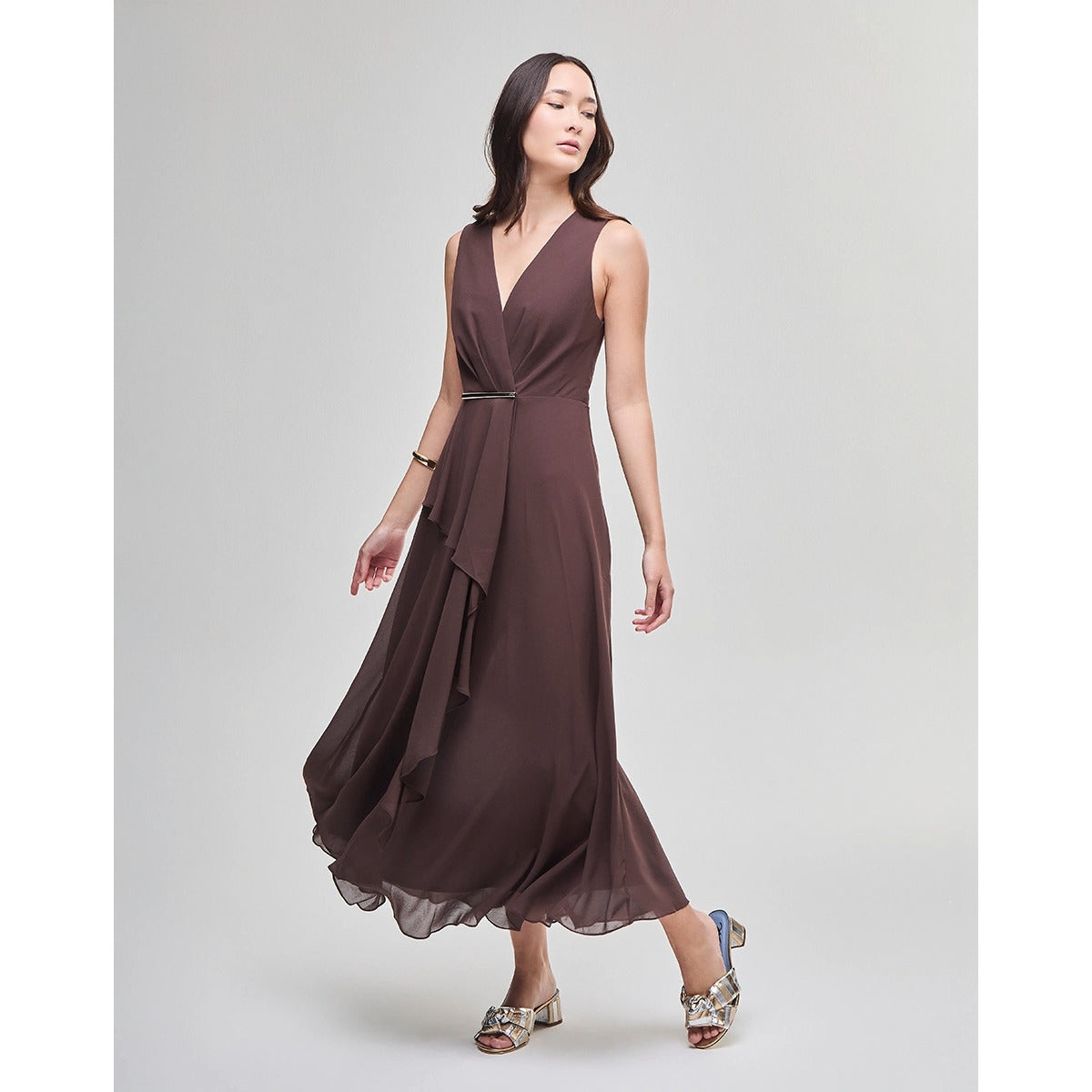 Vestido Midi Chifon Fluid Marrom Nobuck