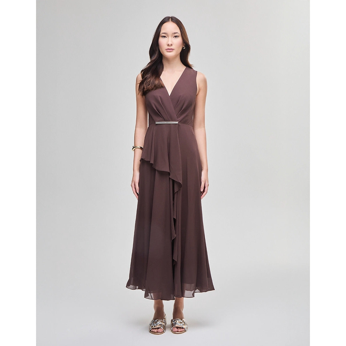 Vestido Midi Chifon Fluid Marrom Nobuck