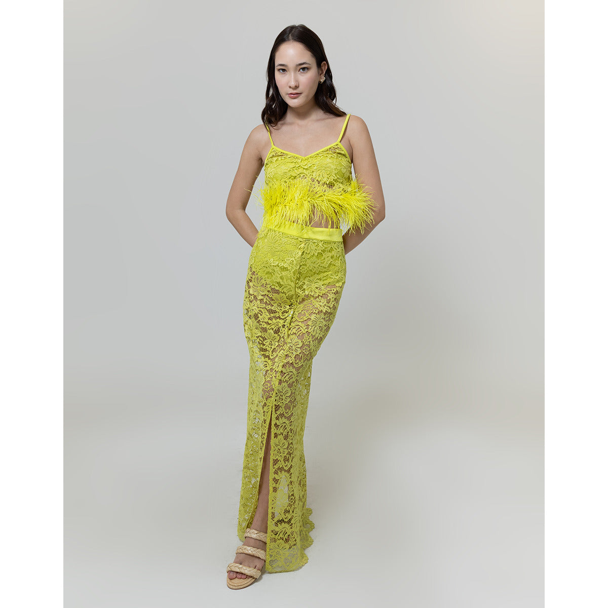 Conjunto Top Saia Plumas Renda Guipure