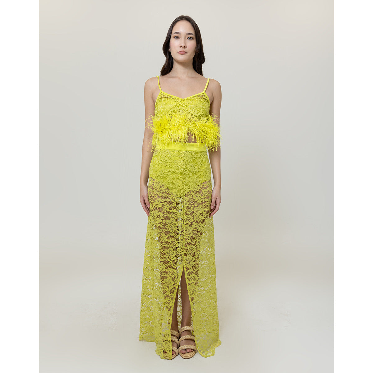 Conjunto Top Saia Plumas Renda Guipure