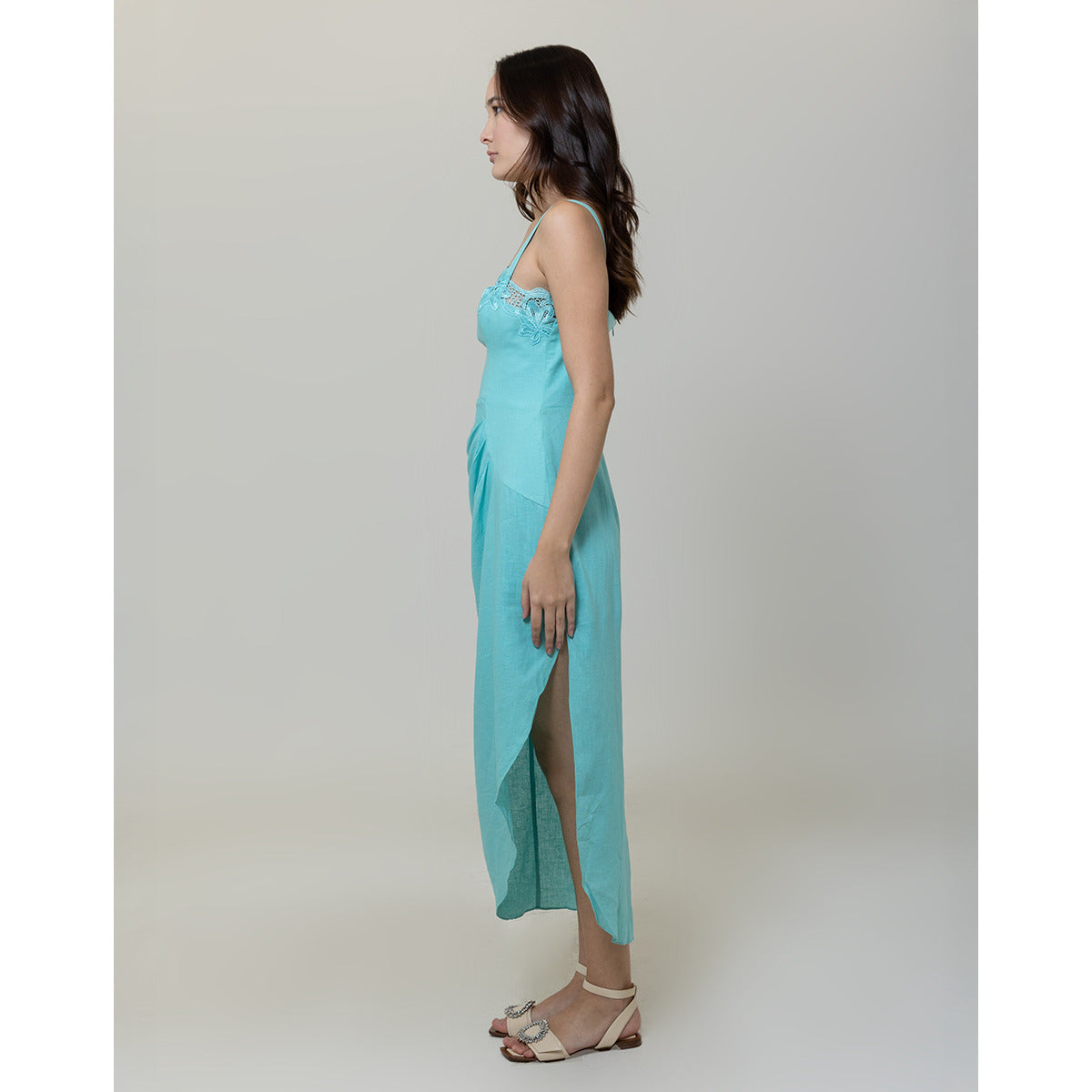 Vestido Midi Fenda Laterak Azul Piscina