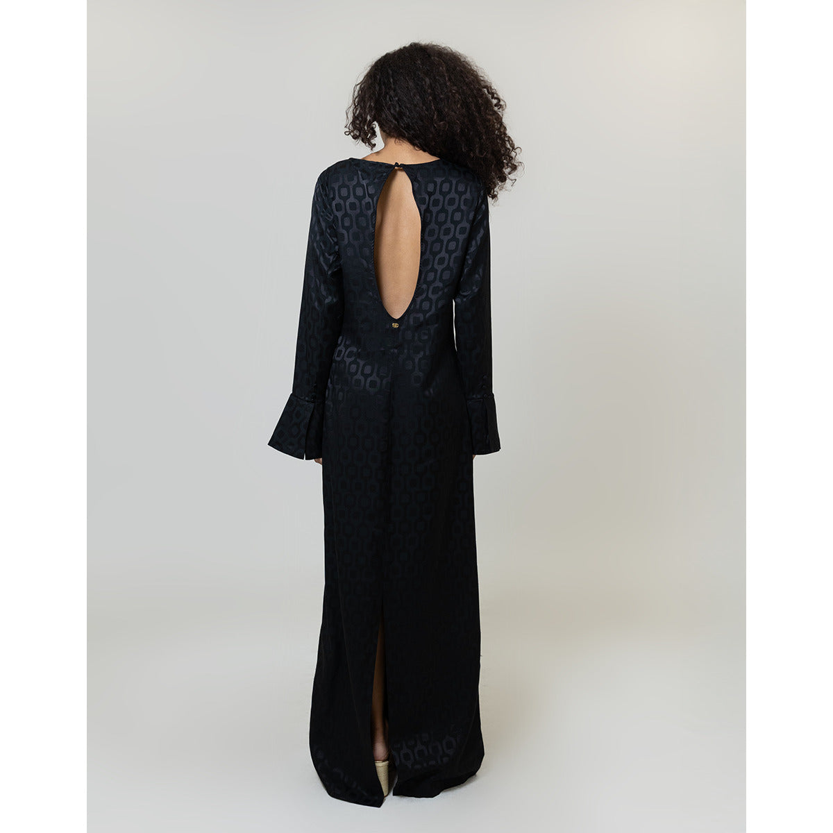 Vestido Longo Jacquard Manga Botões