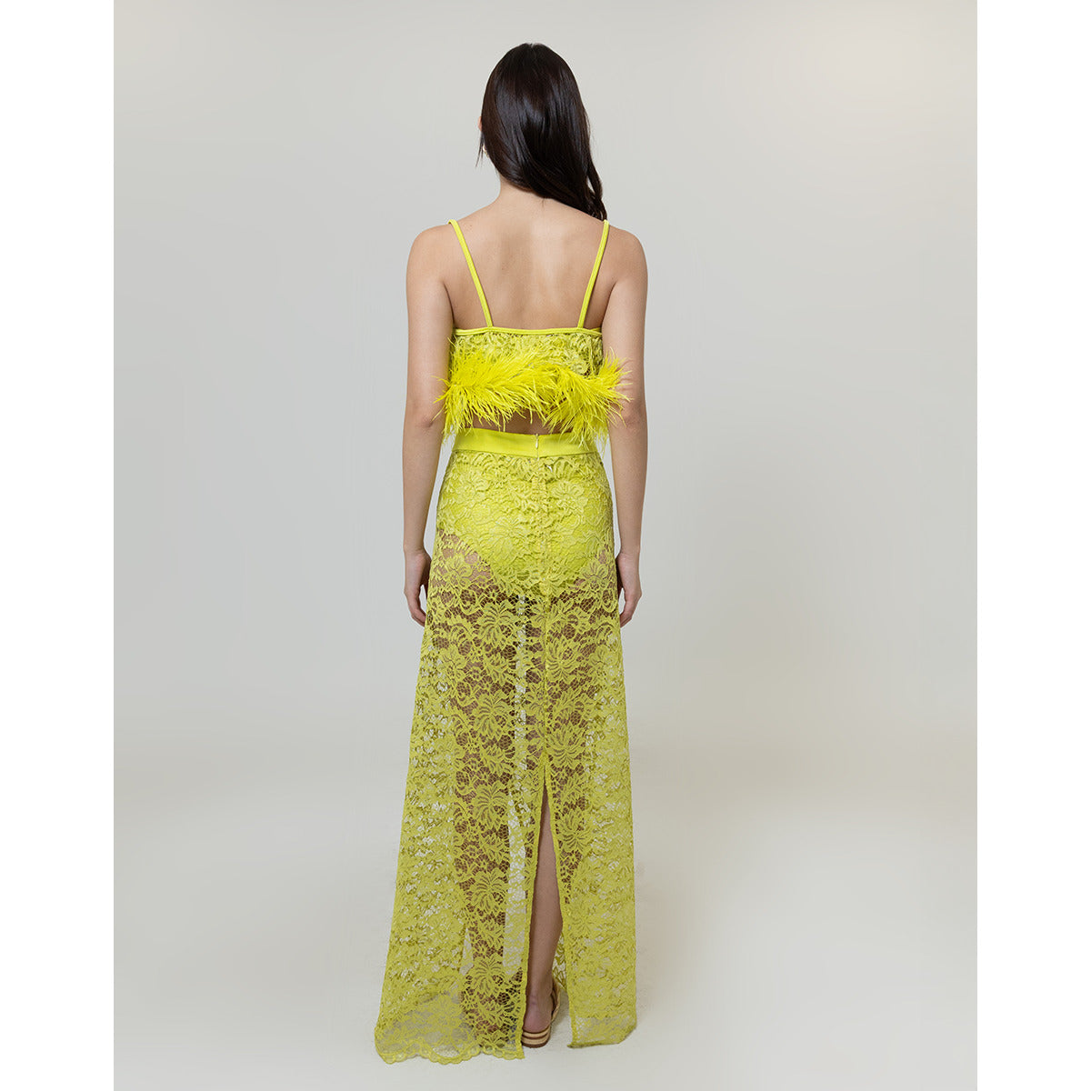 Conjunto Top Saia Plumas Renda Guipure