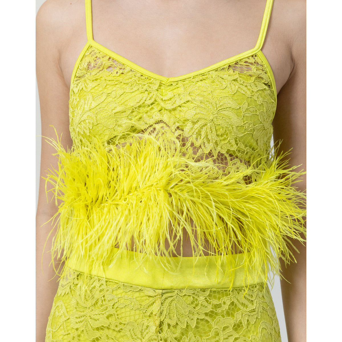 Conjunto Top Saia Plumas Renda Guipure