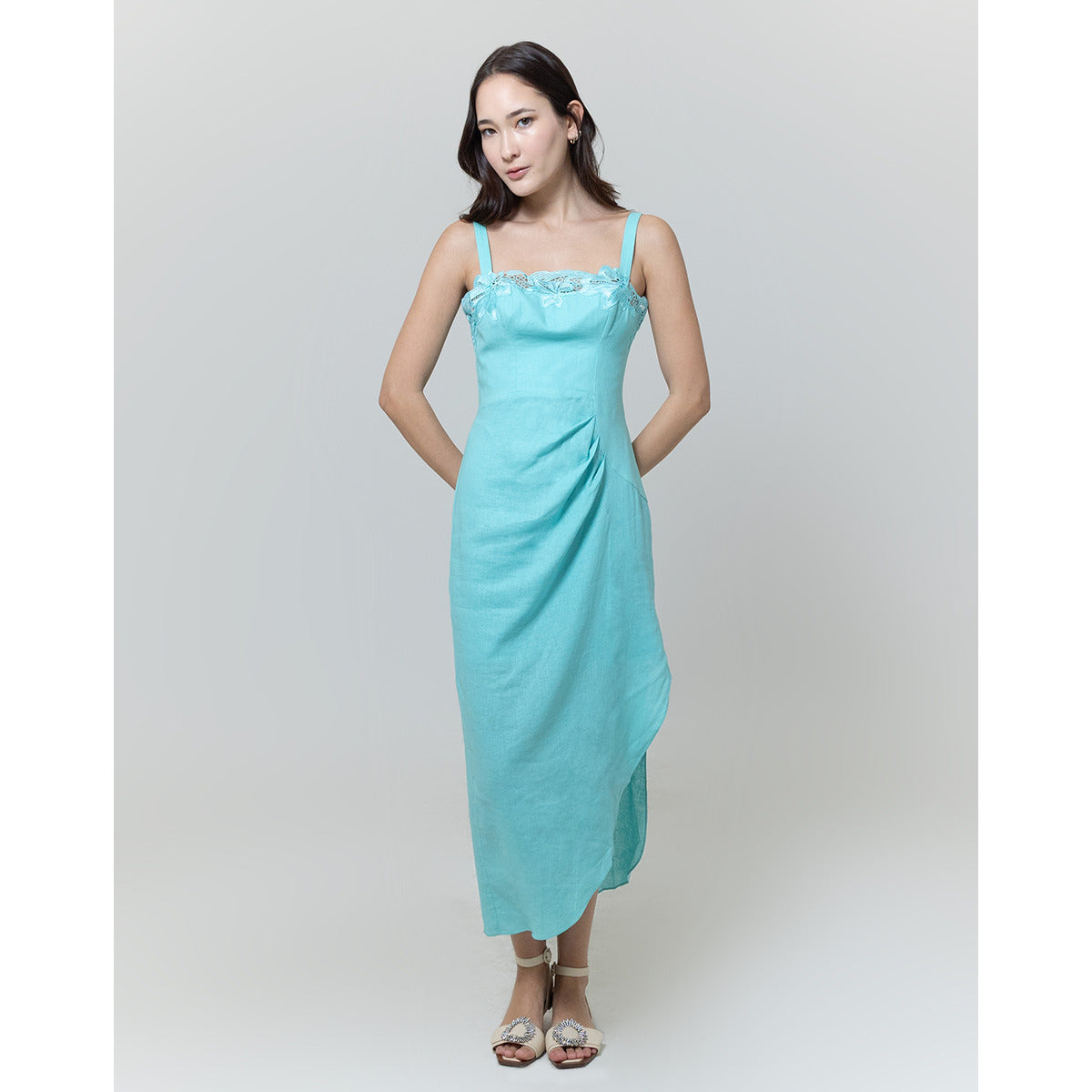 Vestido Midi Fenda Laterak Azul Piscina