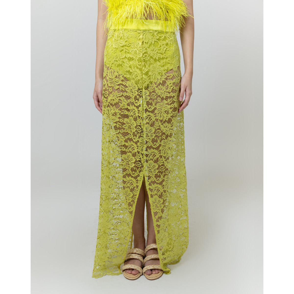 Conjunto Top Saia Plumas Renda Guipure