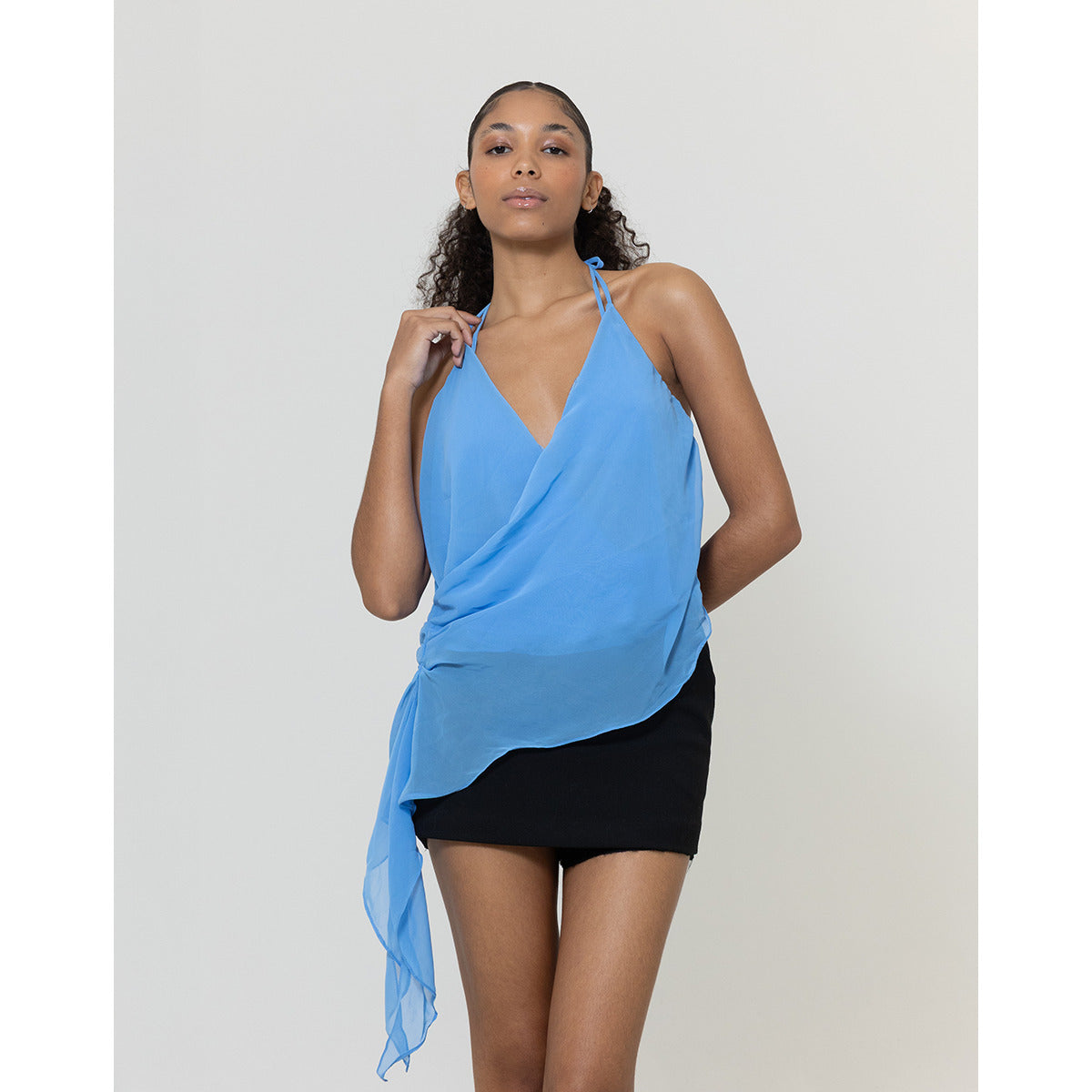 Blusa Trespasse Pregas Lateral Azul Cascais